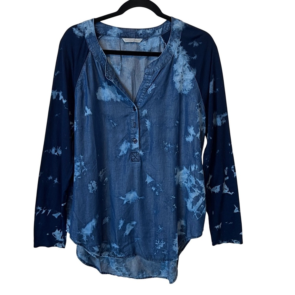 Soft Surroundings Blue Tie Dye Tencel Henley Raglan‎ Blouse Top Large